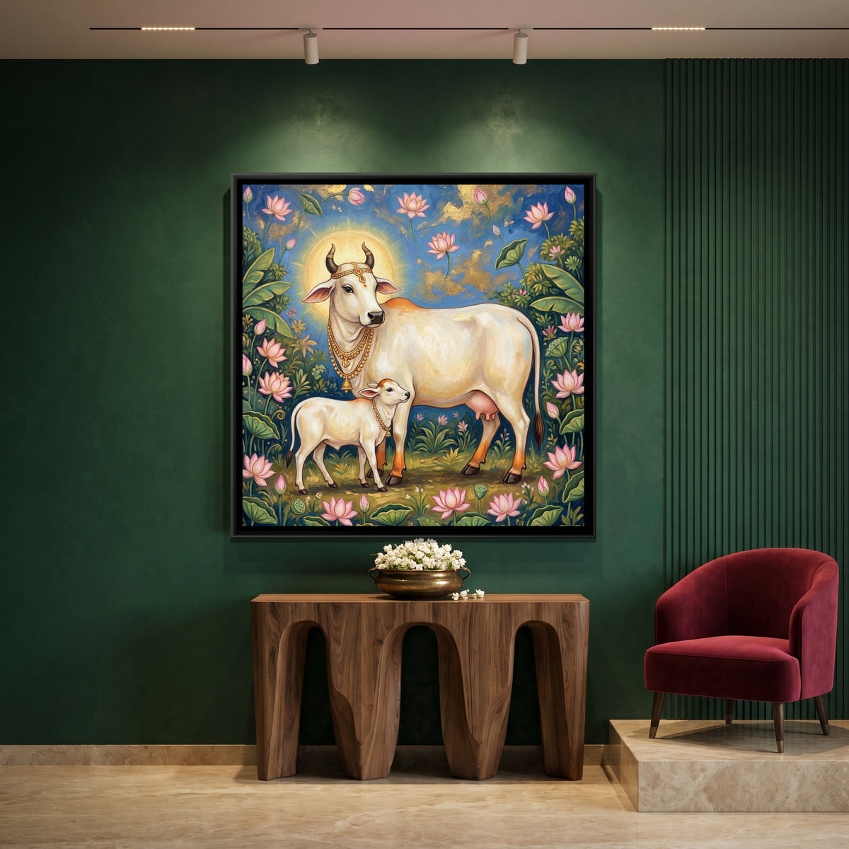 Kamadhenu Cow and Calf — canvas art shown in a second room setting
