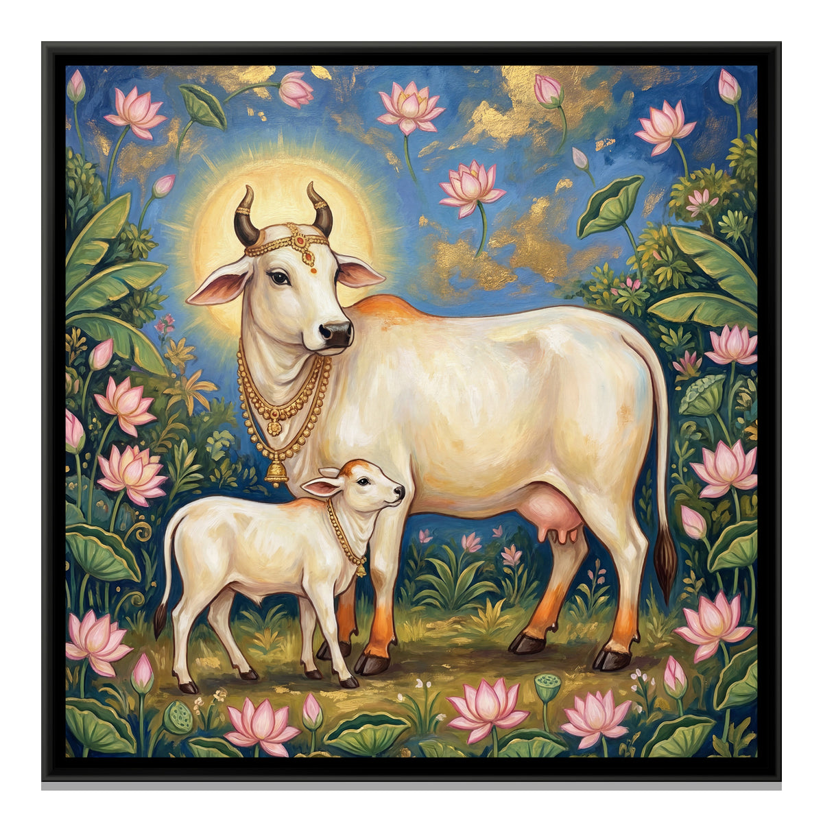 Kamadhenu Cow and Calf — framed canvas print, front view