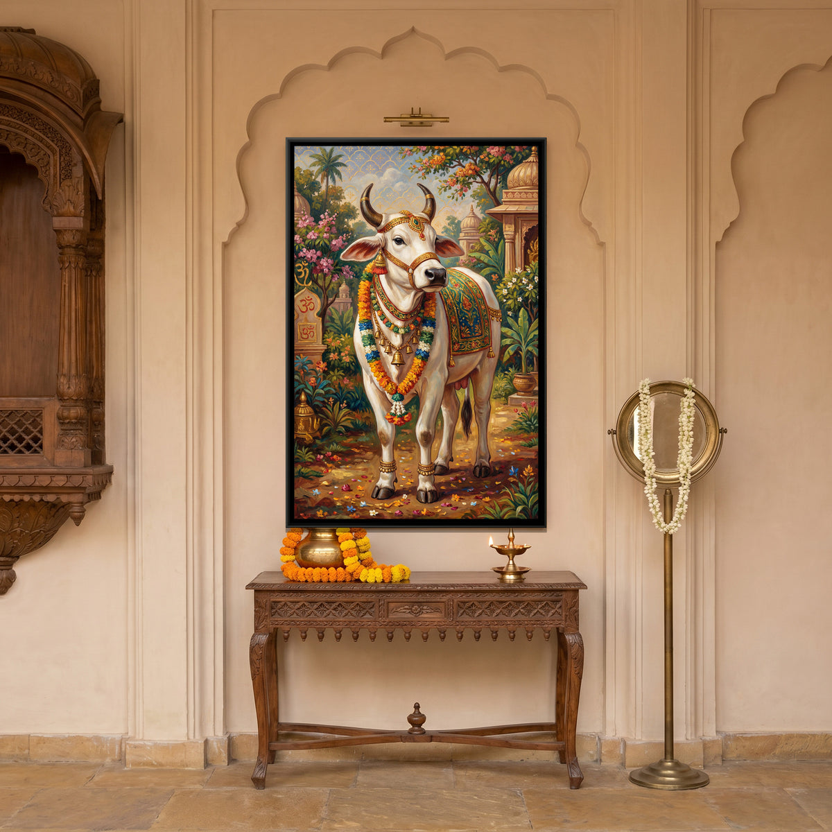 Kamadhenu Cow — canvas art shown in a styled room