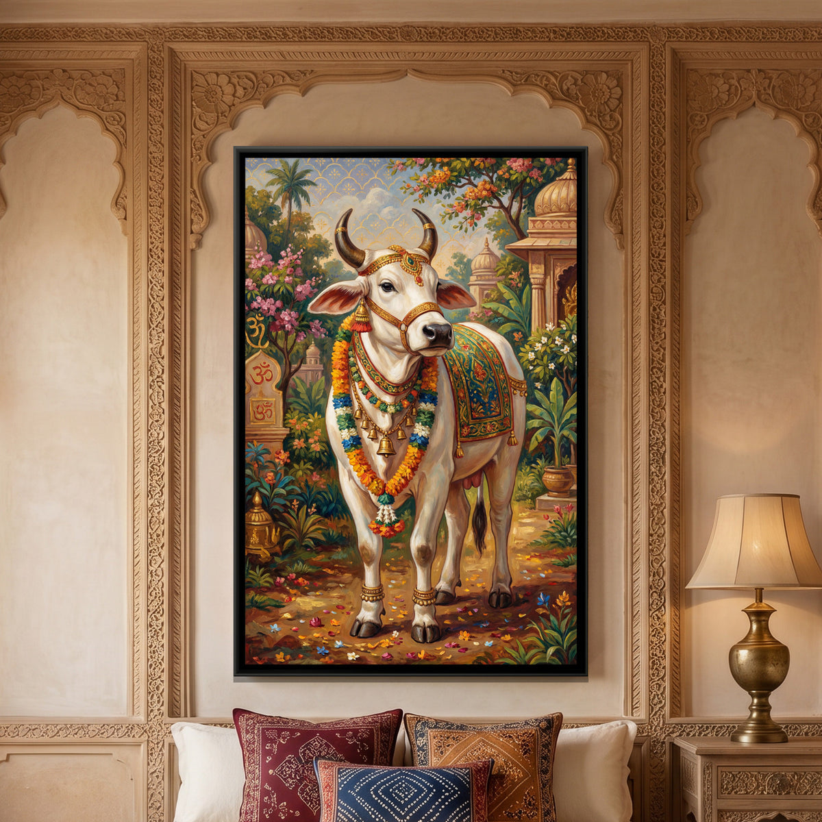 Kamadhenu Cow — framed canvas art hung on a wall