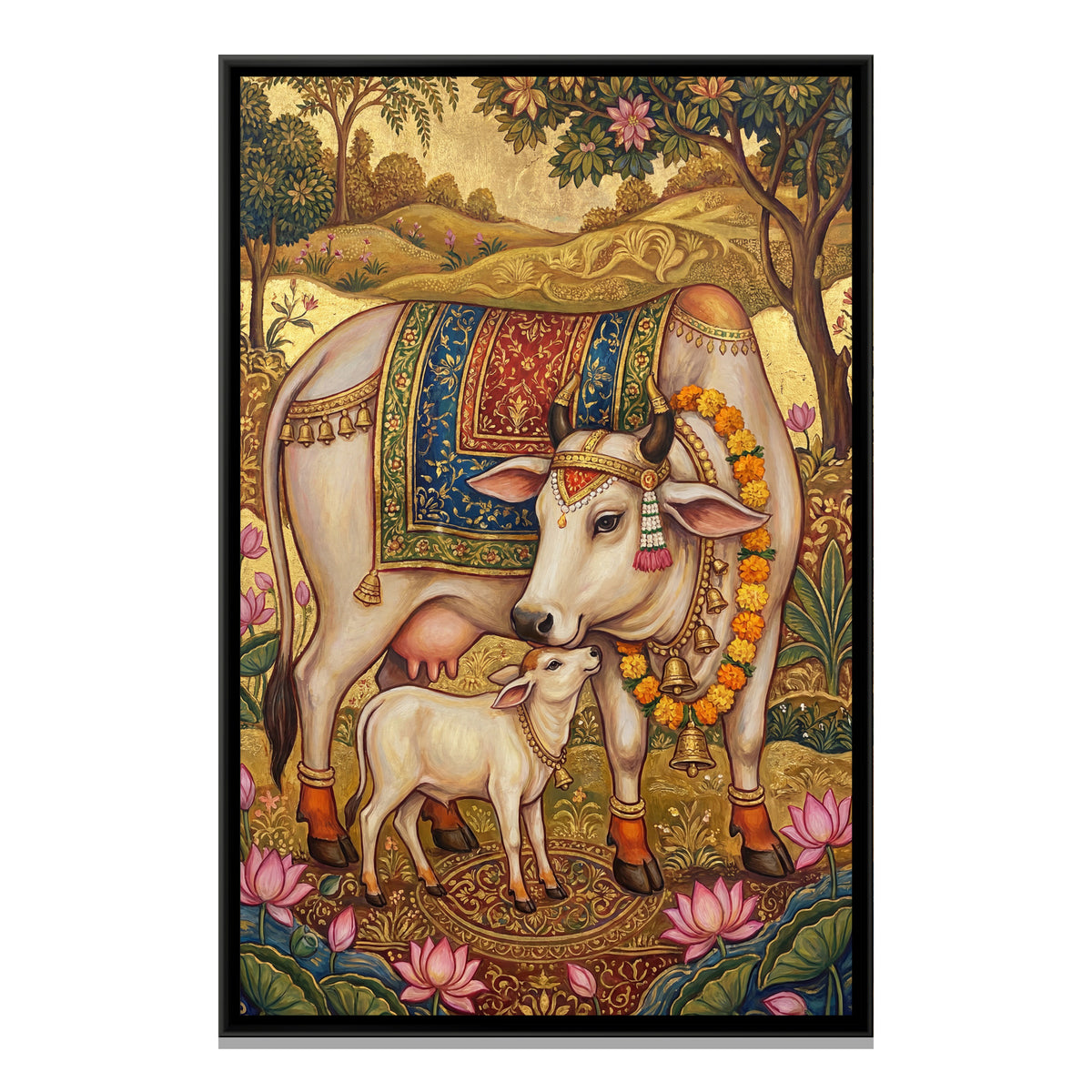 Kamadhenu Cow and Calf — framed canvas print, front view