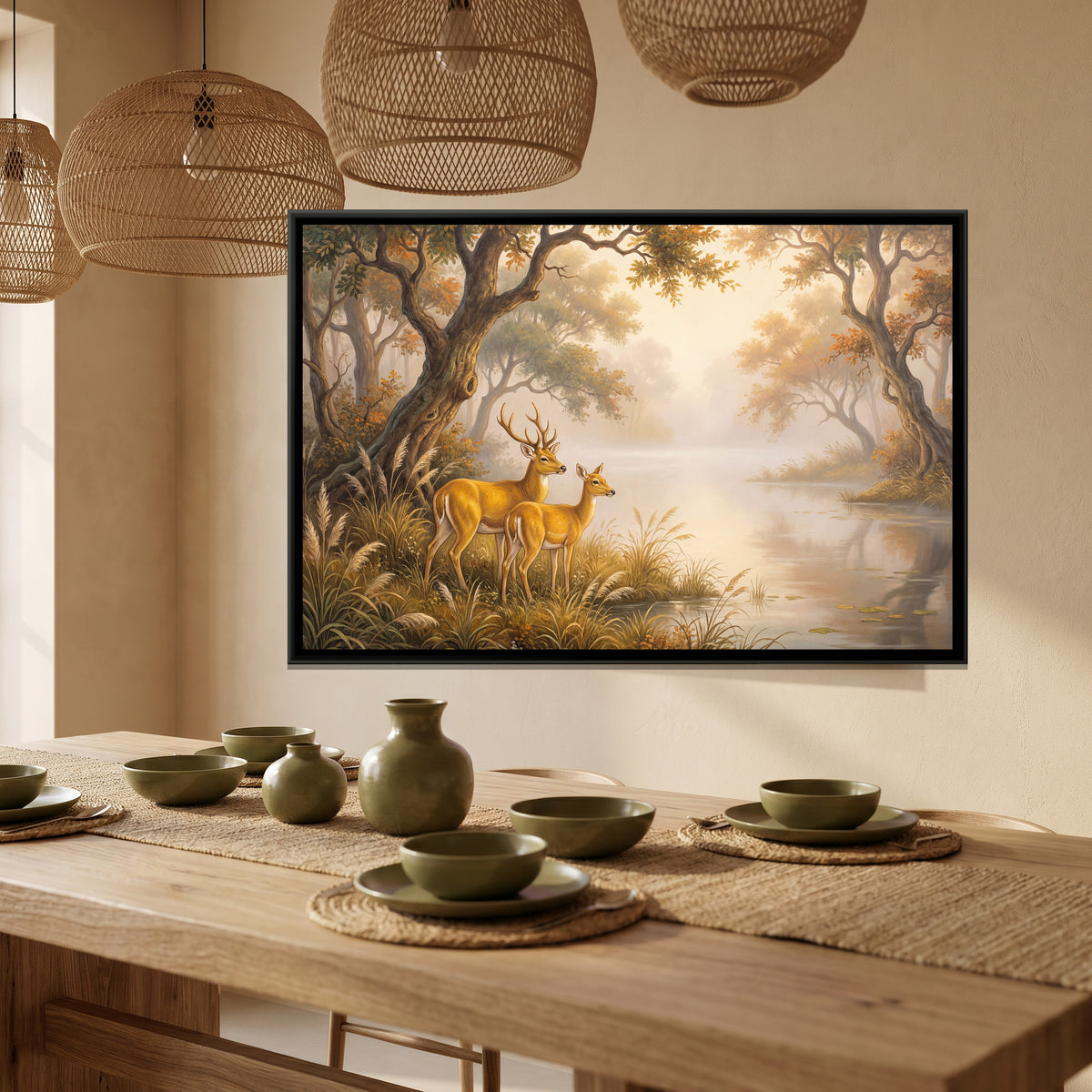 Pair of Deer — canvas art shown in a styled room
