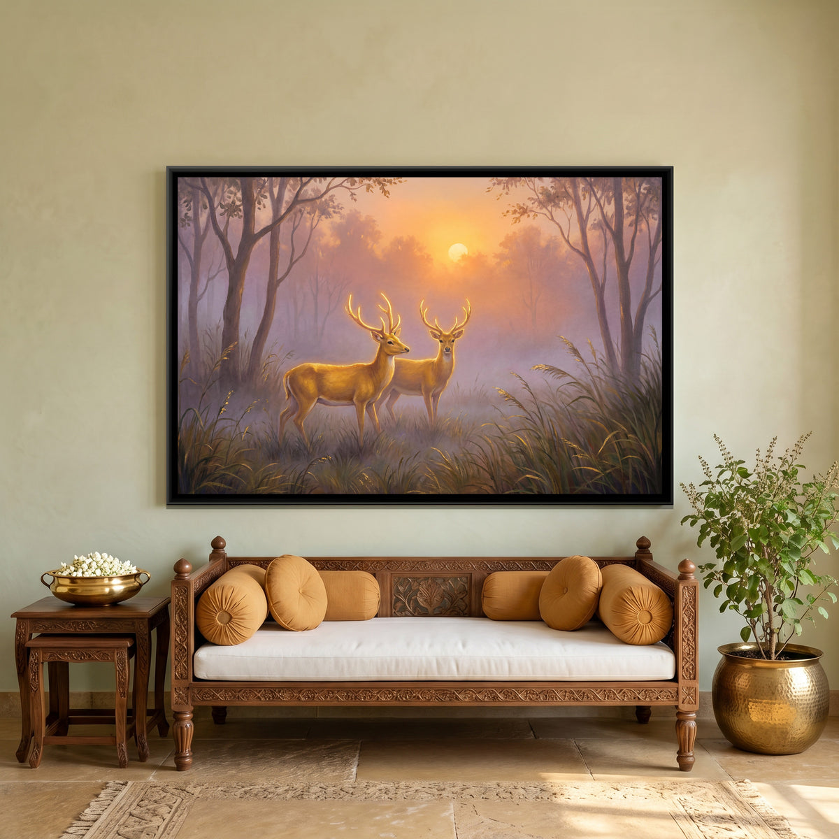 Golden Deer Pair — canvas art shown in a second room setting