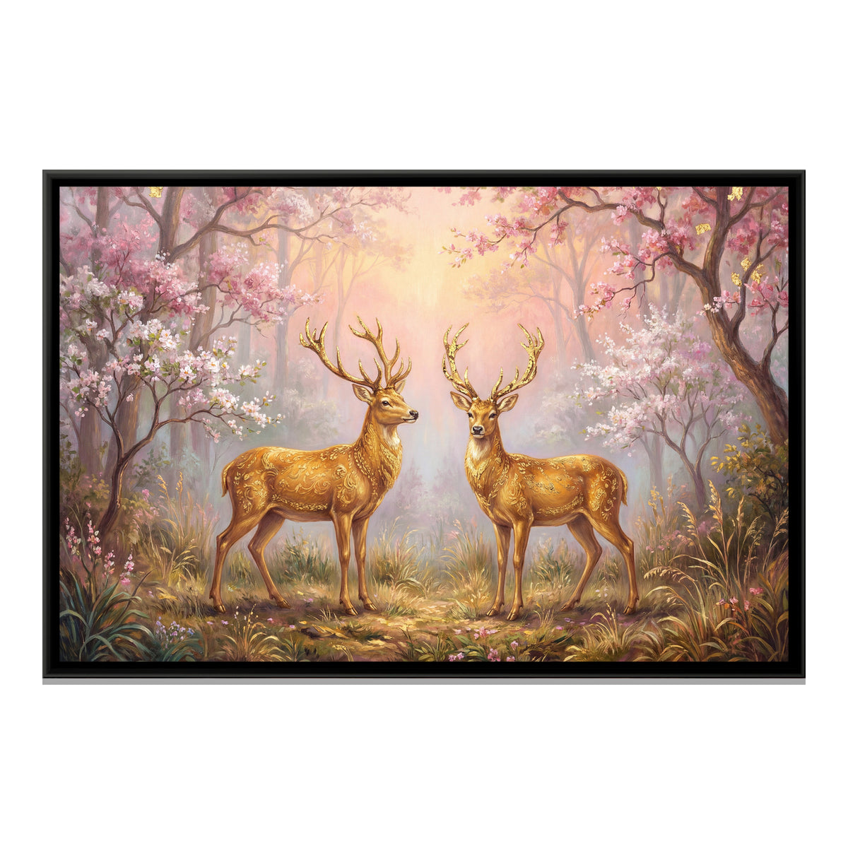 Golden Deer Pair — framed canvas print, front view
