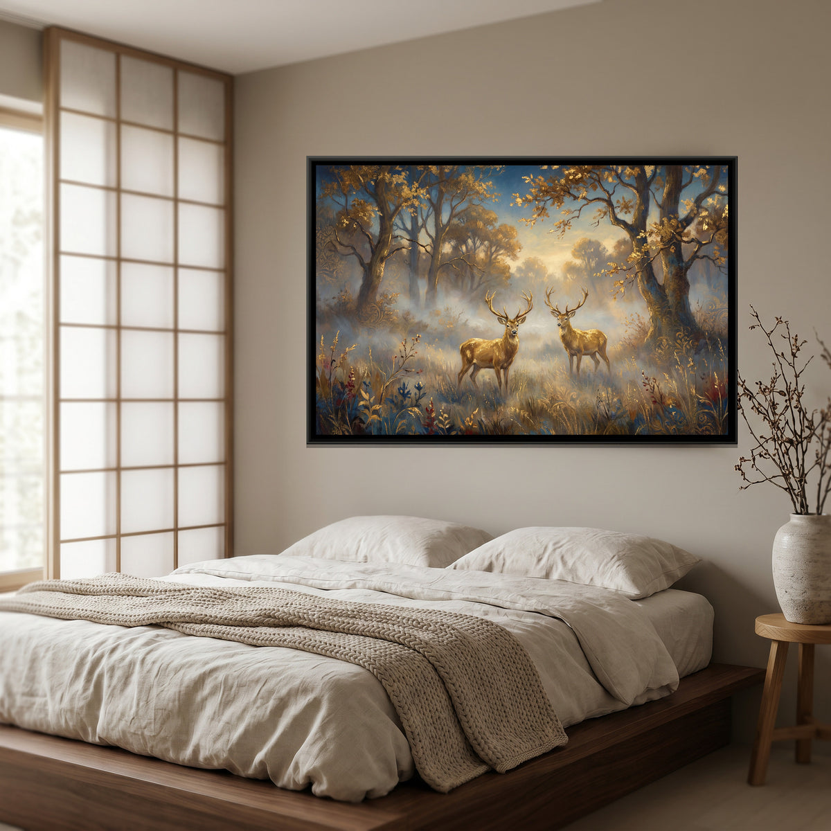 Golden Deer Pair — canvas art shown in a styled room