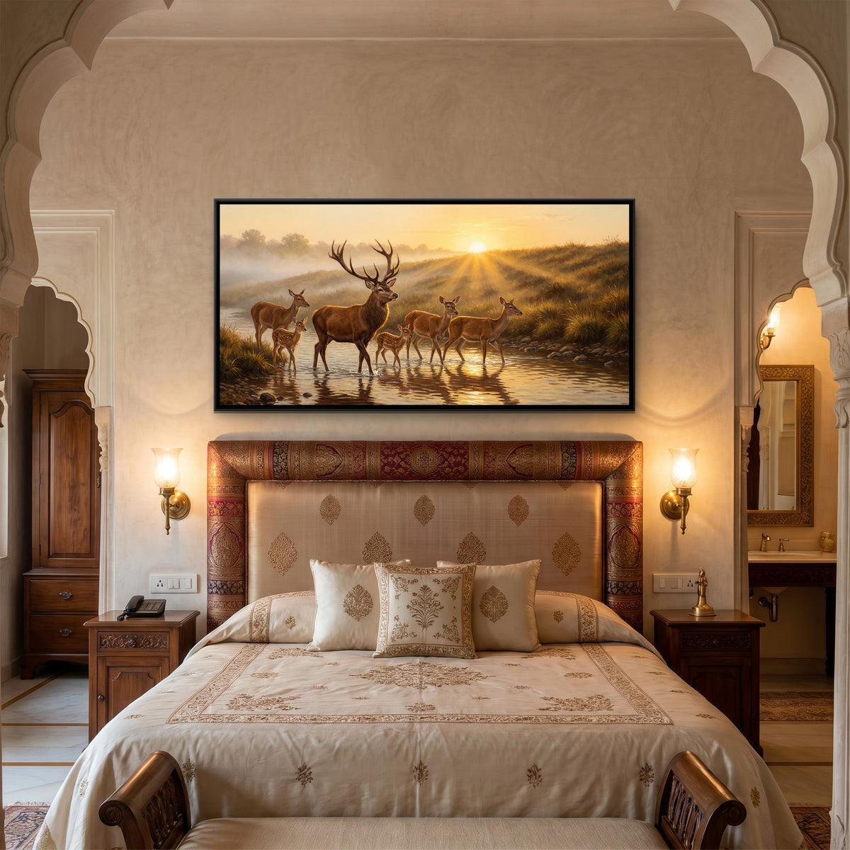 Deer at Sunrise — canvas art shown in a styled room