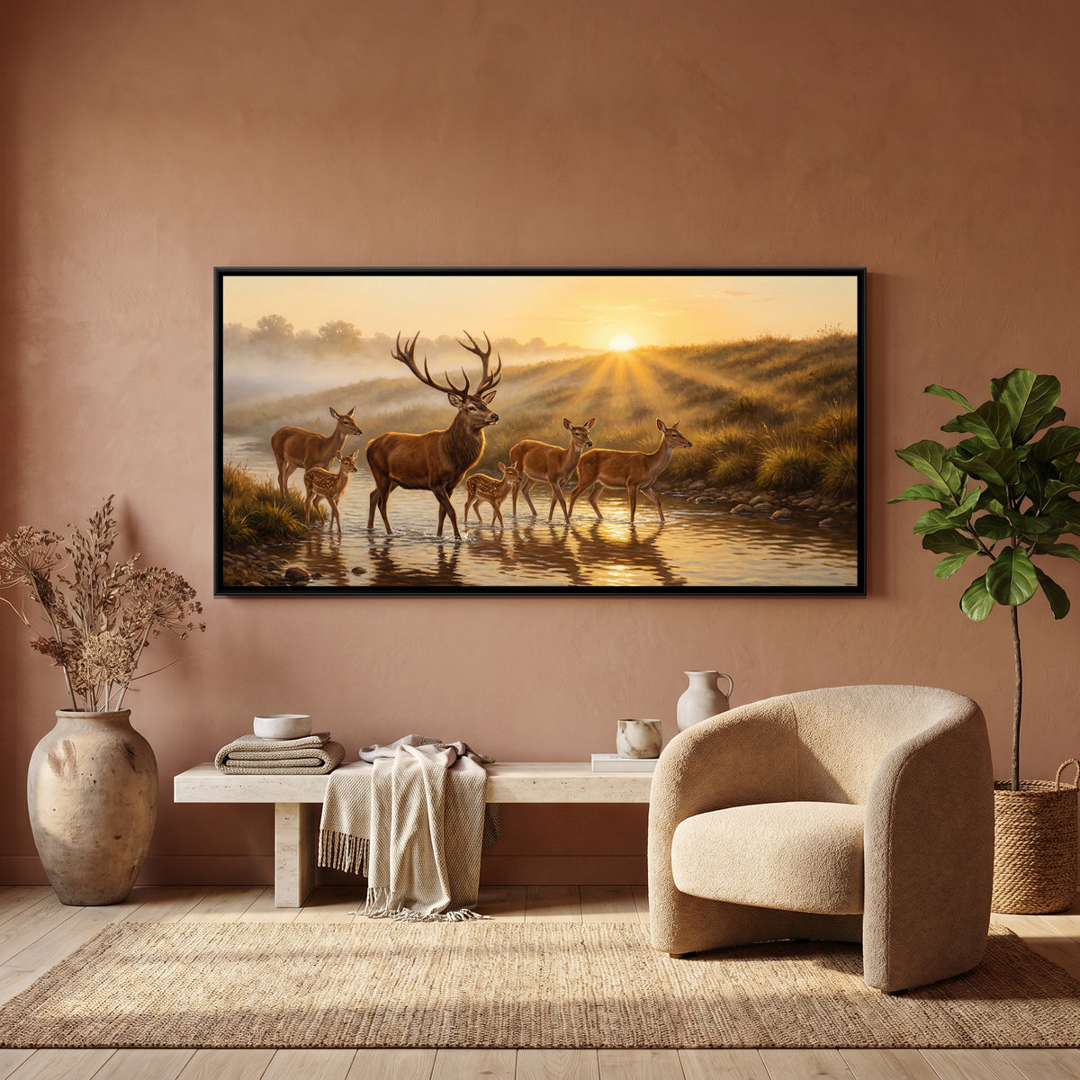 Deer at Sunrise — canvas art shown in a second room setting