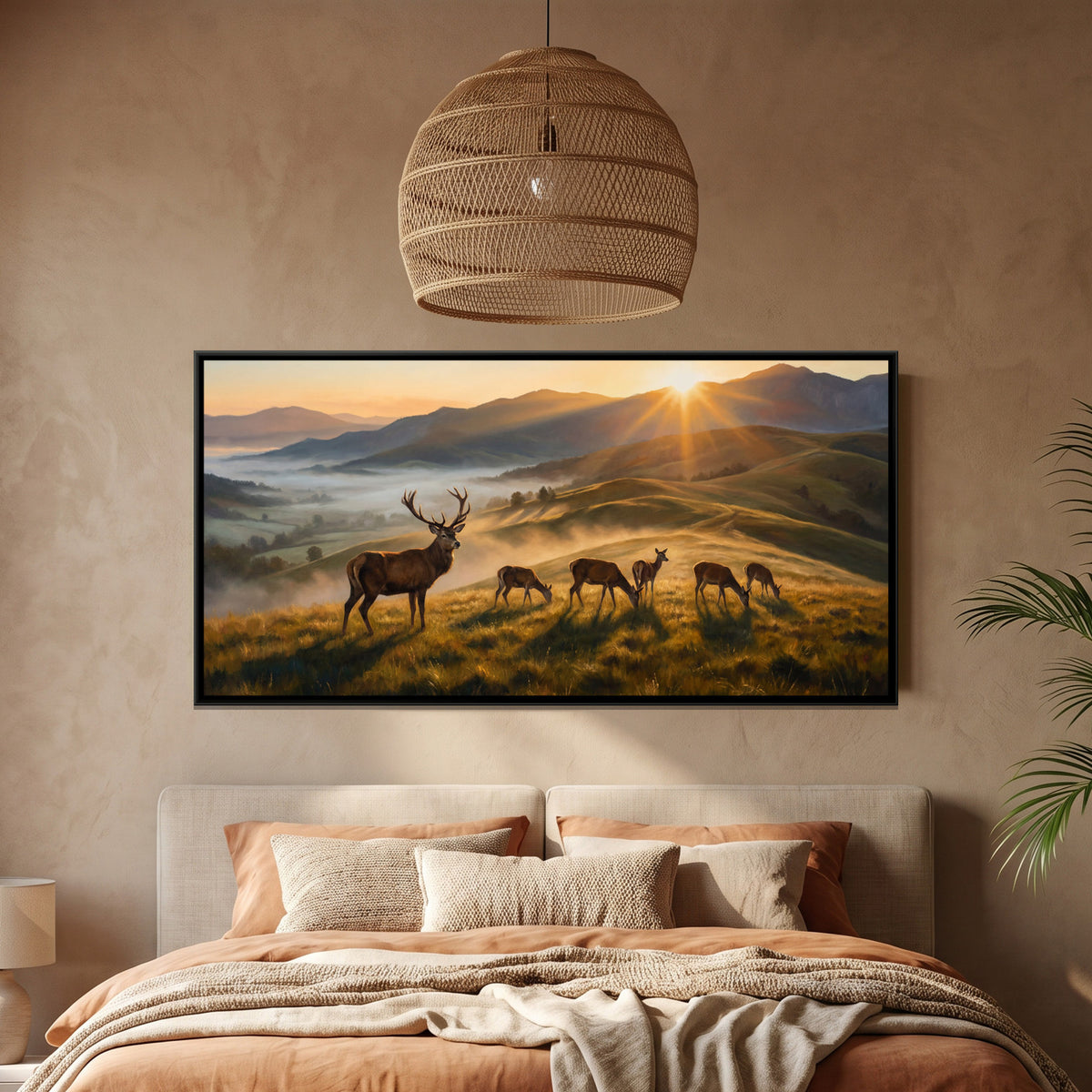 Deer at Sunrise — framed canvas art hung on a wall