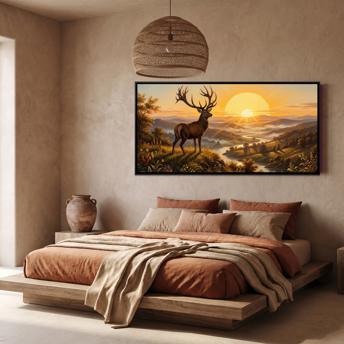 Deer at Sunrise — canvas art shown in a styled room