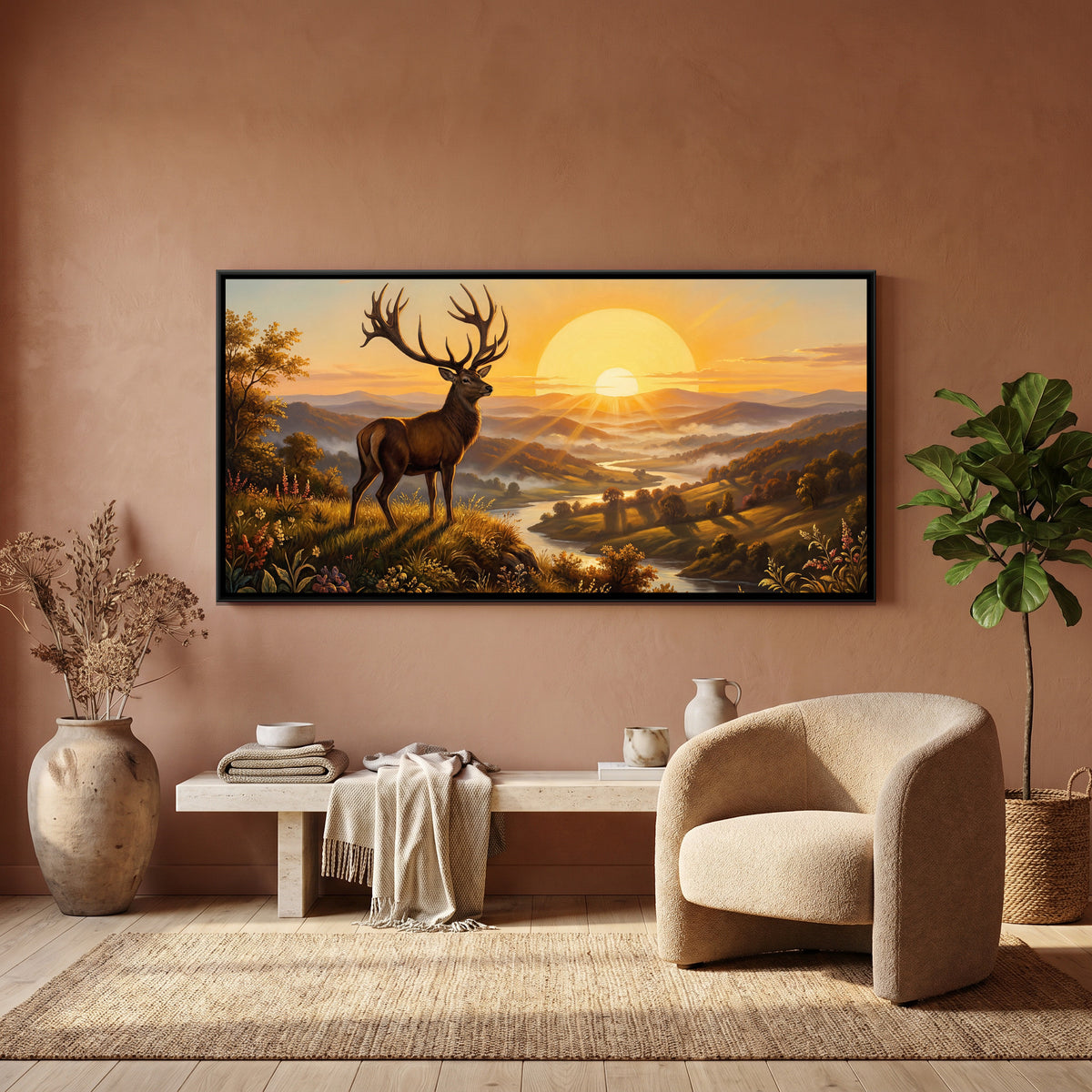 Deer at Sunrise — canvas art shown in a second room setting