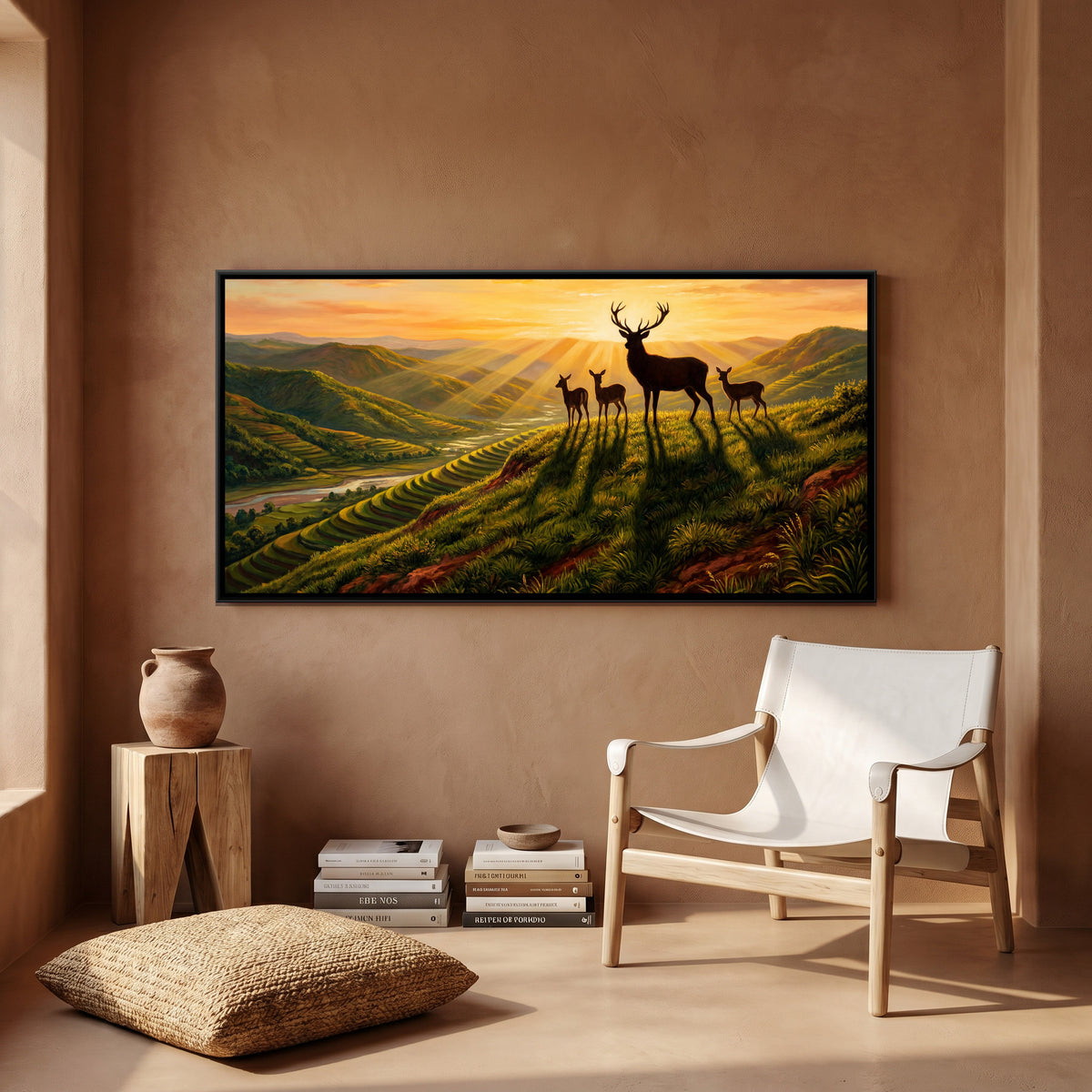 Deer at Sunrise — canvas art shown in a second room setting