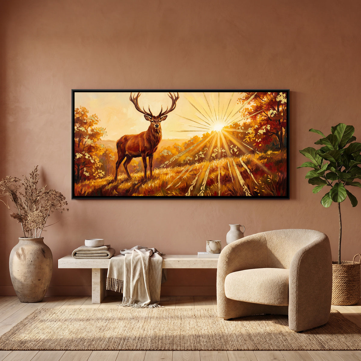 Stag at Sunrise — canvas art shown in a second room setting