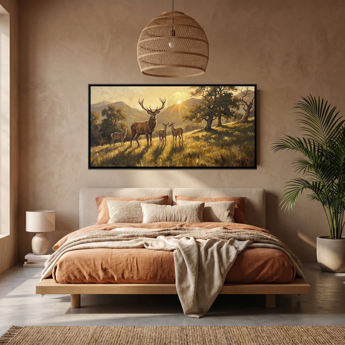 Stag at Sunrise — canvas art shown in a styled room