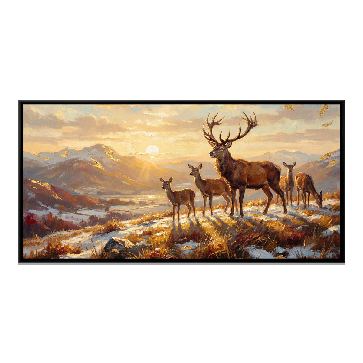 Stag at Sunrise — framed canvas print, front view
