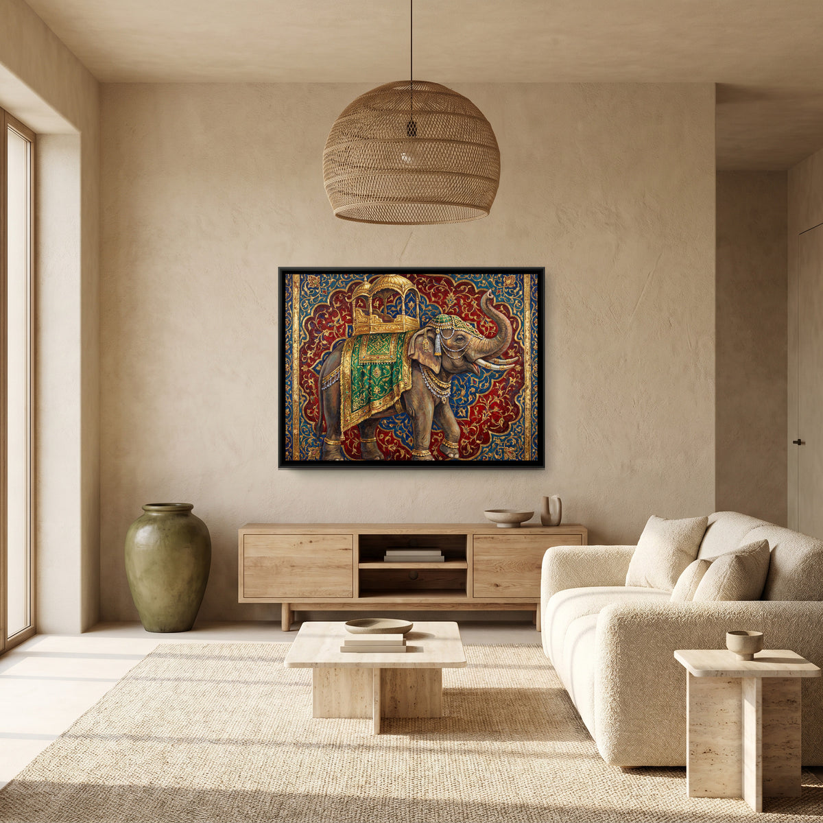 Mughal Elephant — canvas art shown in a styled room
