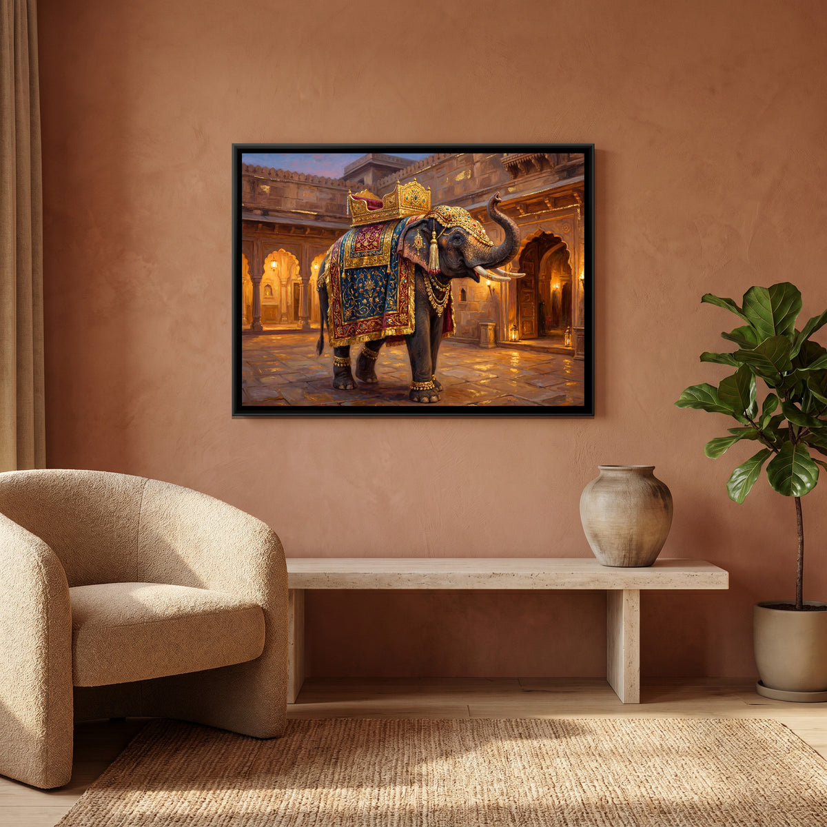 Mughal Elephant — canvas art shown in a second room setting