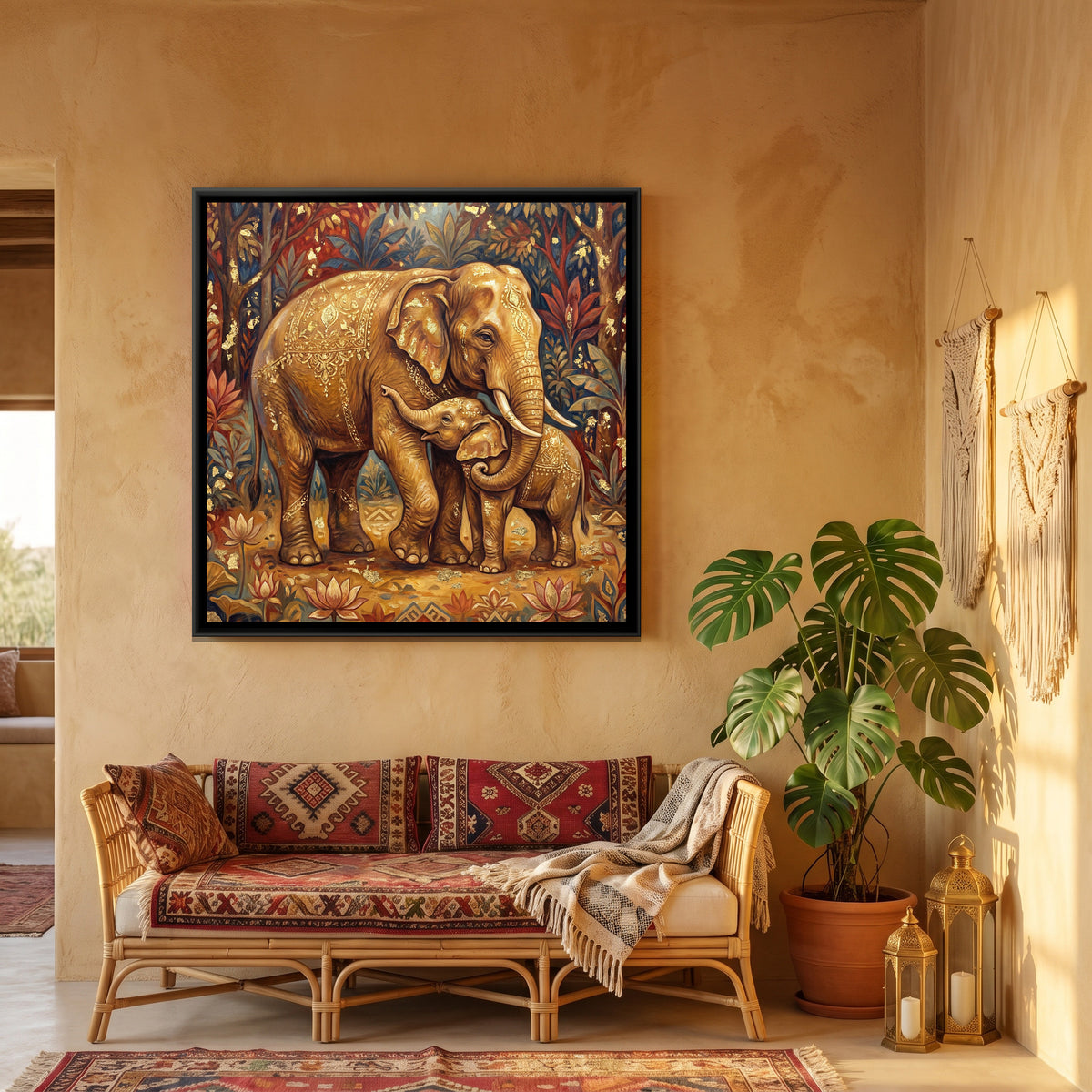Elephant and Calf — canvas art shown in a second room setting