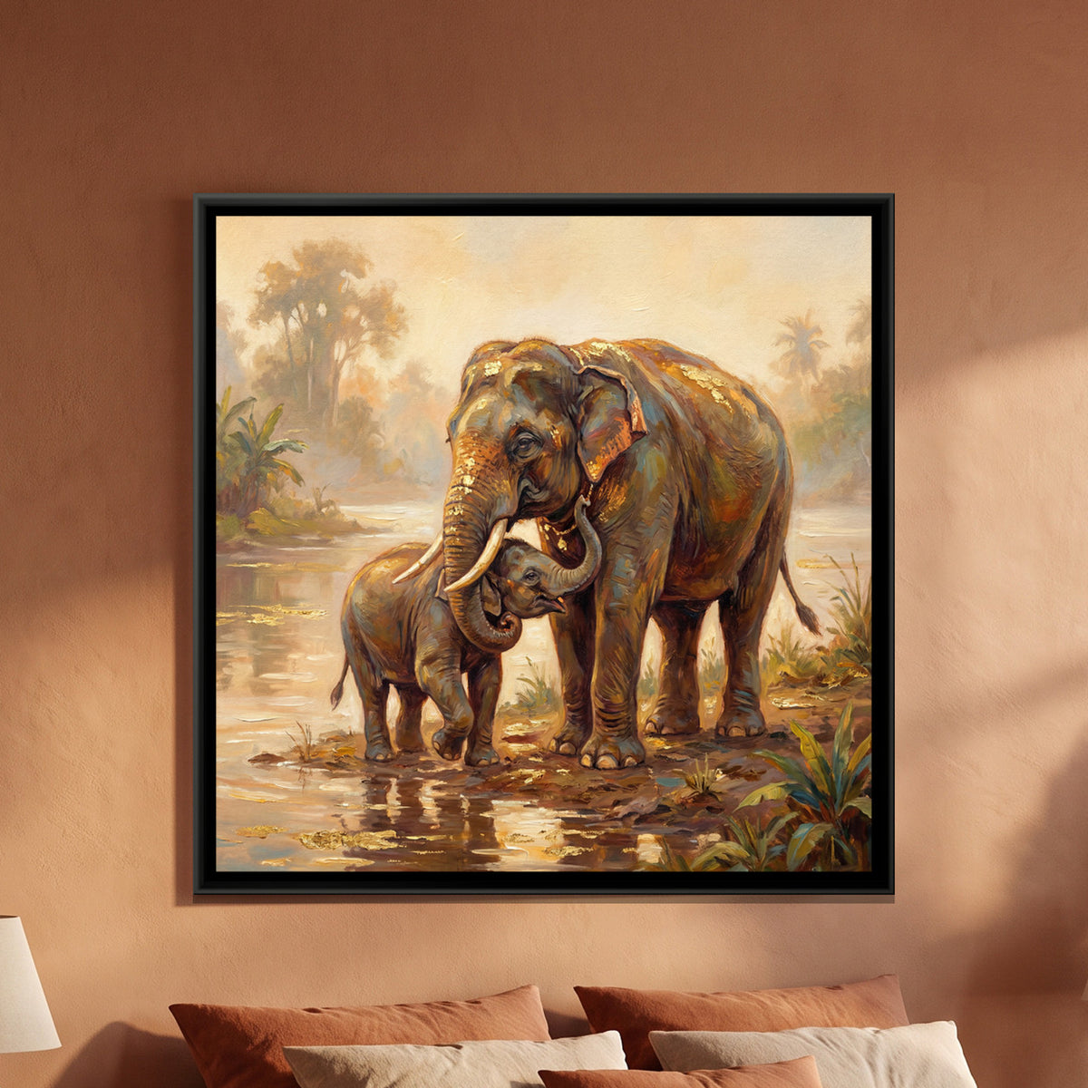 Mother and Baby Elephant — framed canvas art hung on a wall