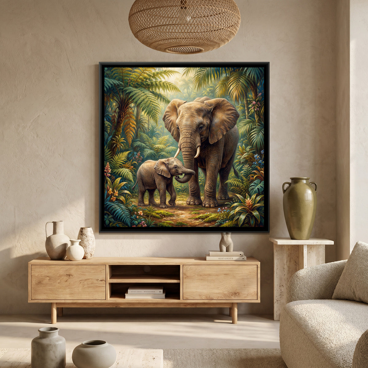 Mother and Baby Elephant — canvas art shown in a second room setting