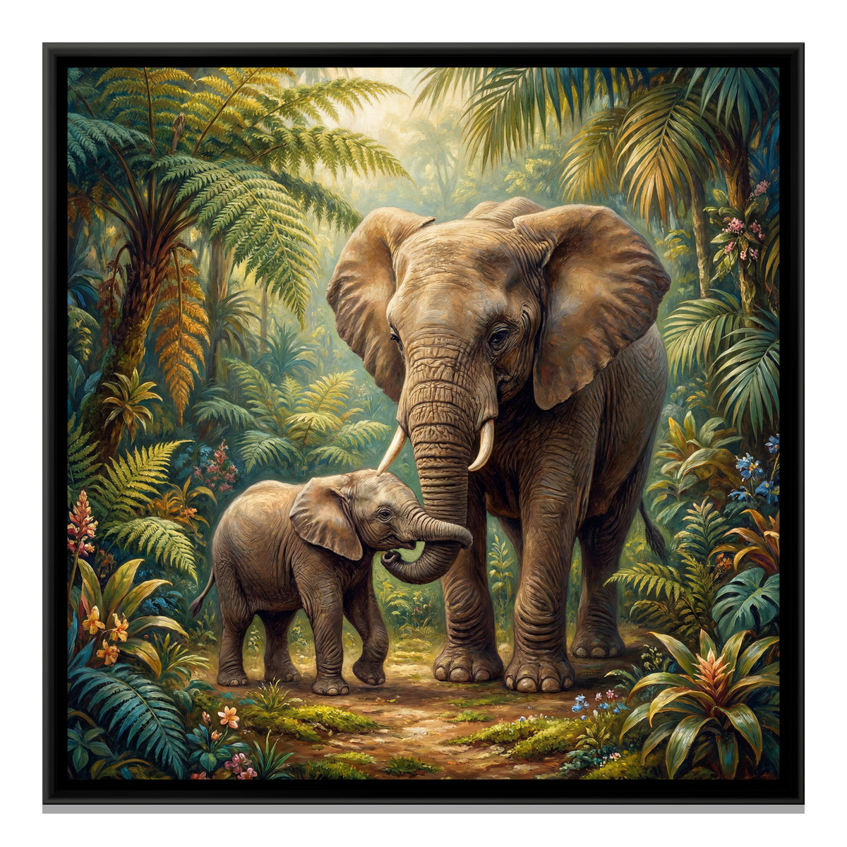 Mother and Baby Elephant — framed canvas print, front view