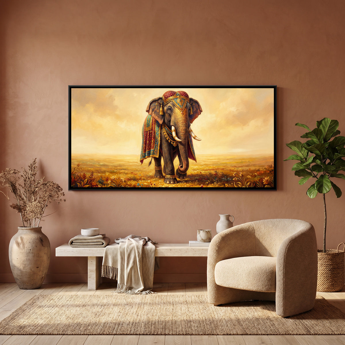 Elephant Procession — canvas art shown in a second room setting