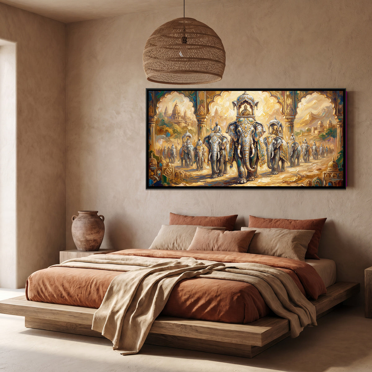 Elephant Procession — canvas art shown in a styled room