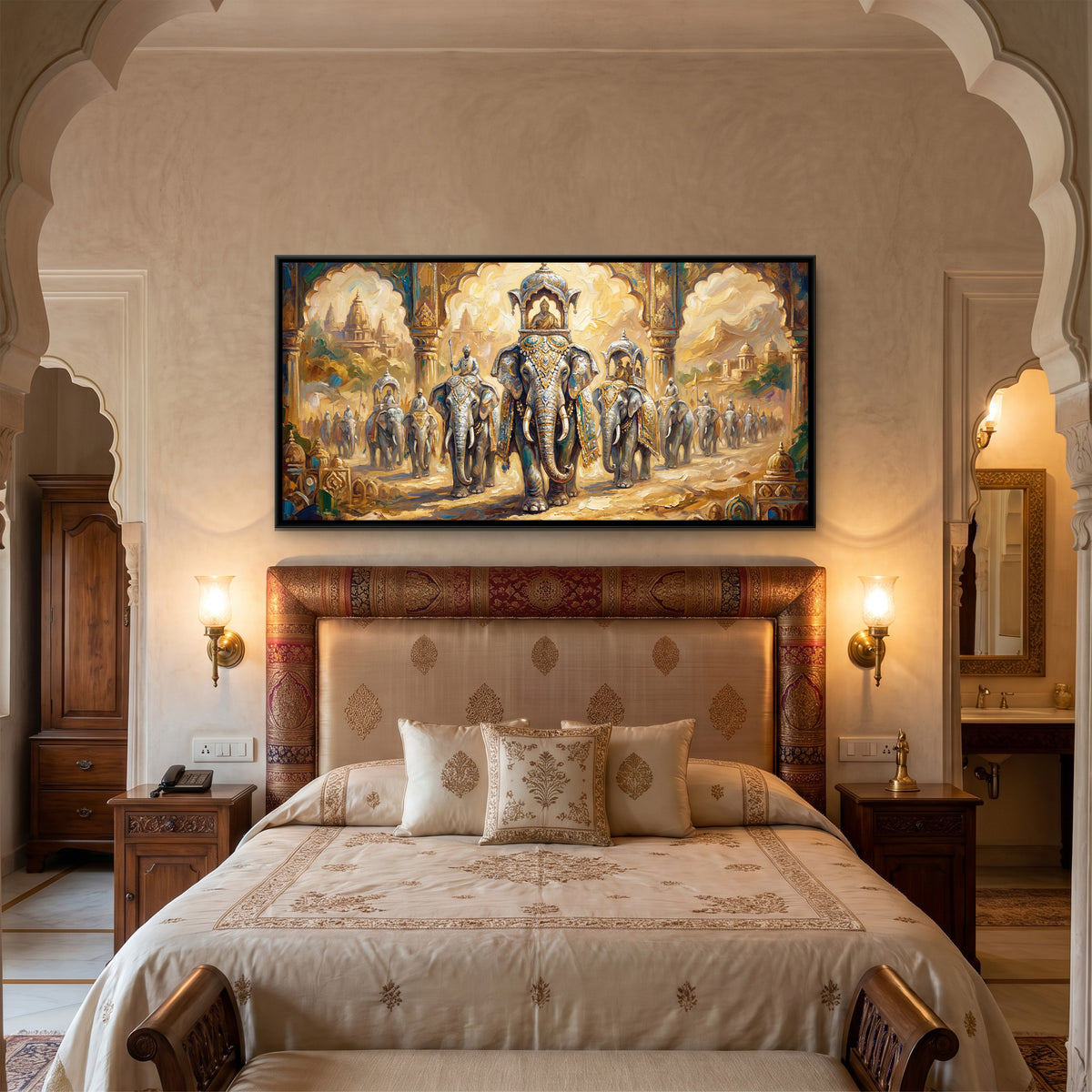 Elephant Procession — canvas art shown in a second room setting