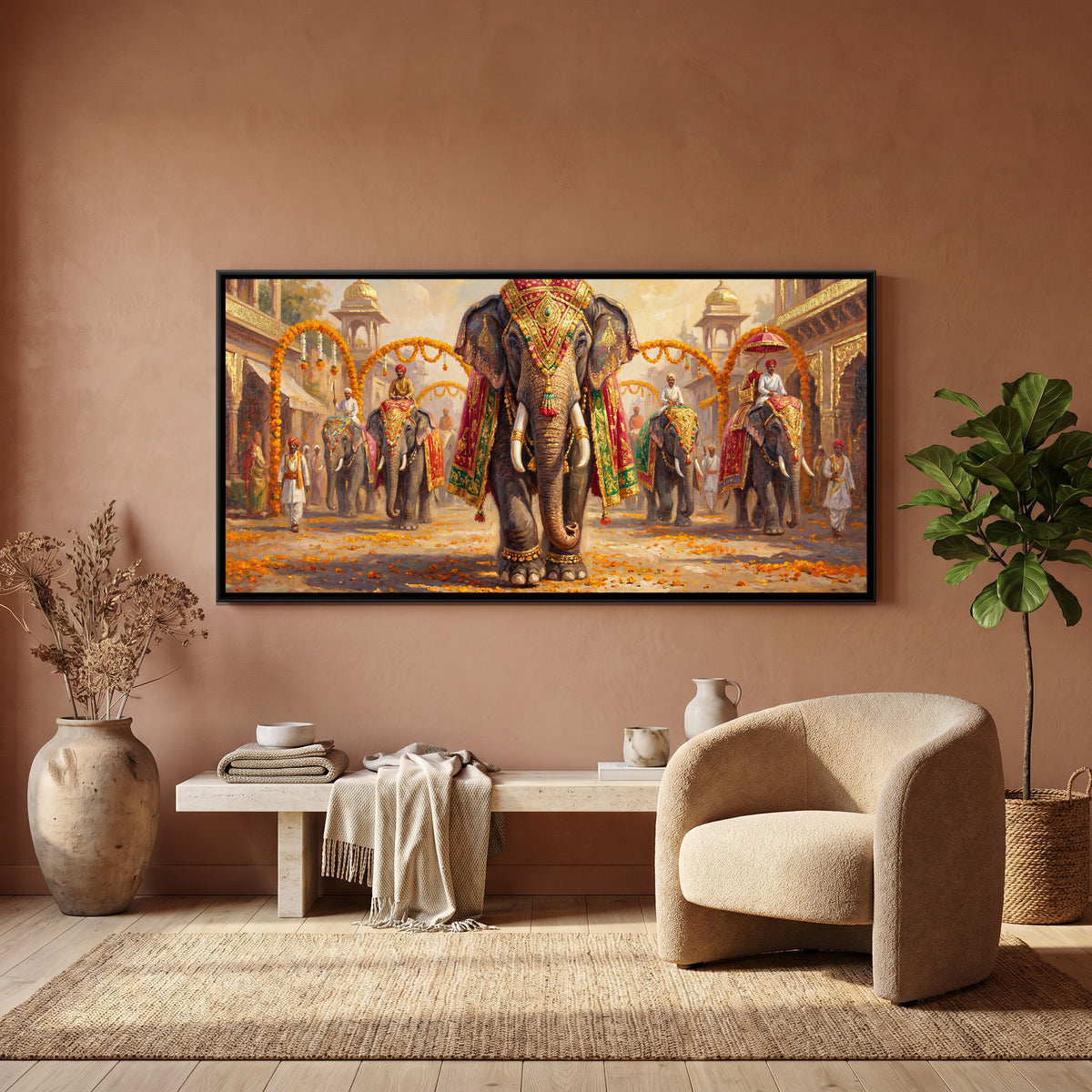 Decorated Elephant — canvas art shown in a second room setting