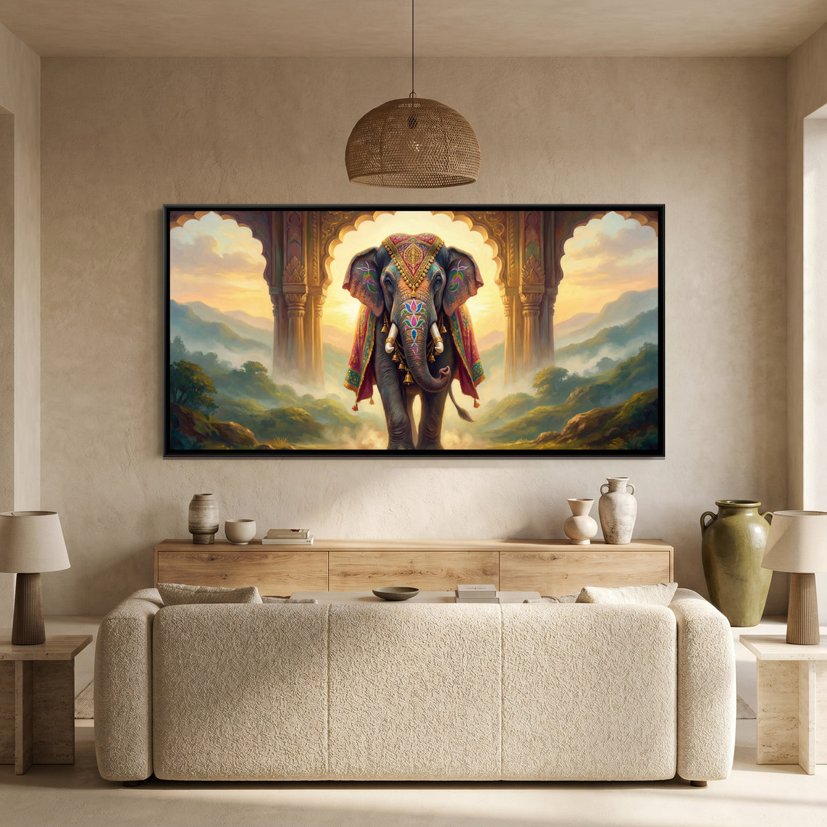 Decorated Elephant — canvas art shown in a second room setting
