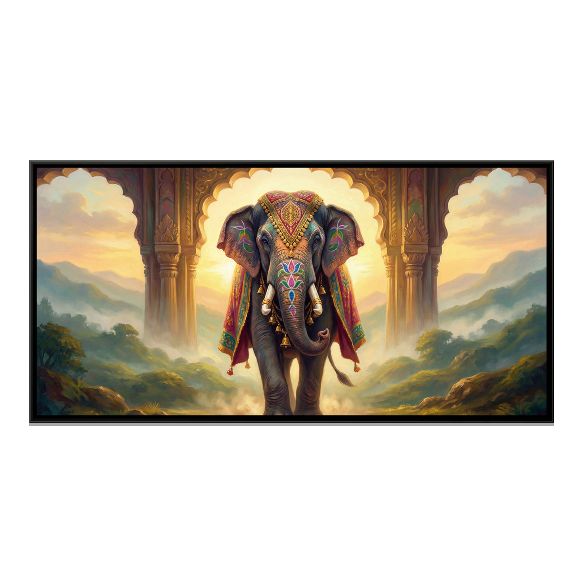 Decorated Elephant — framed canvas print, front view