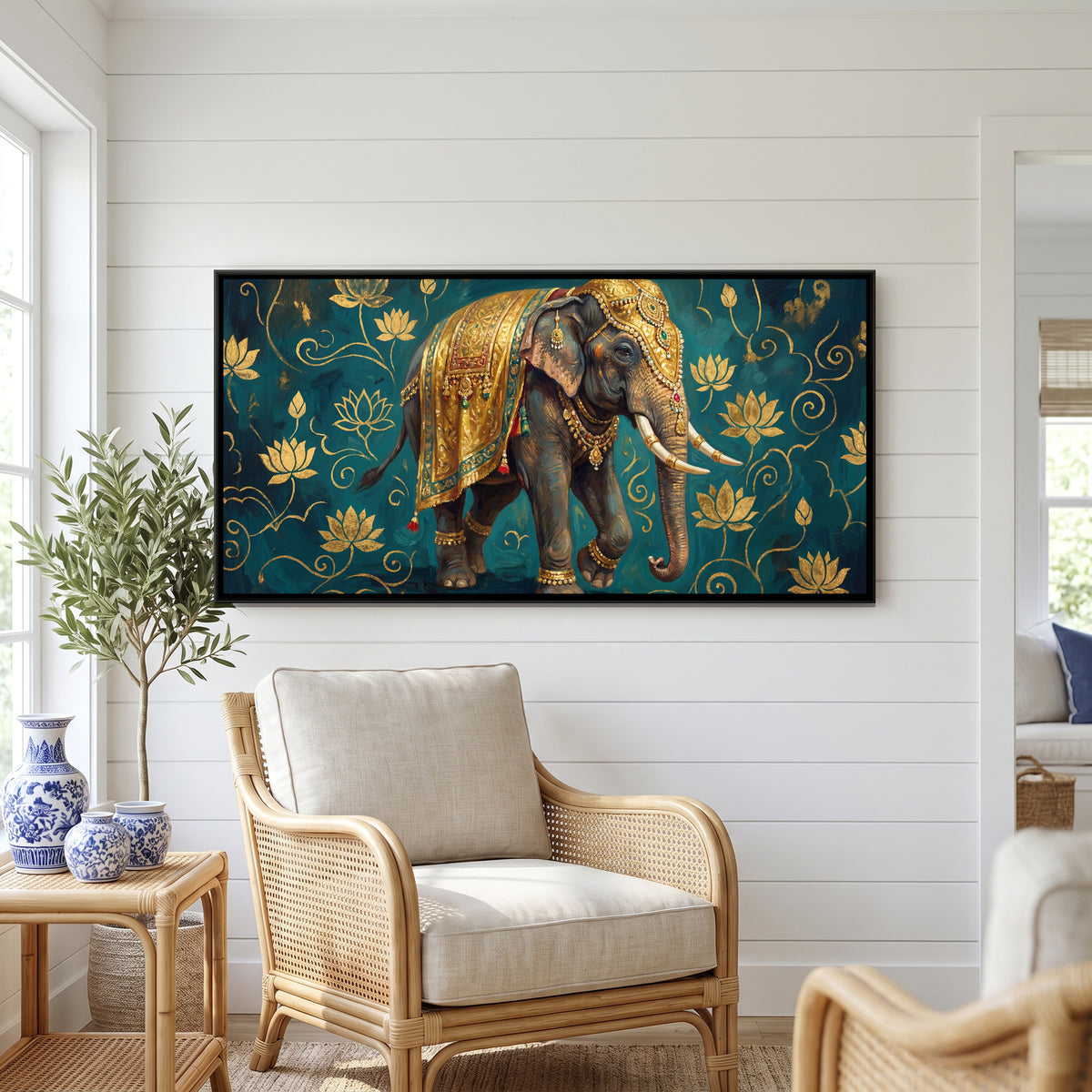 Decorated Elephant — canvas art shown in a second room setting