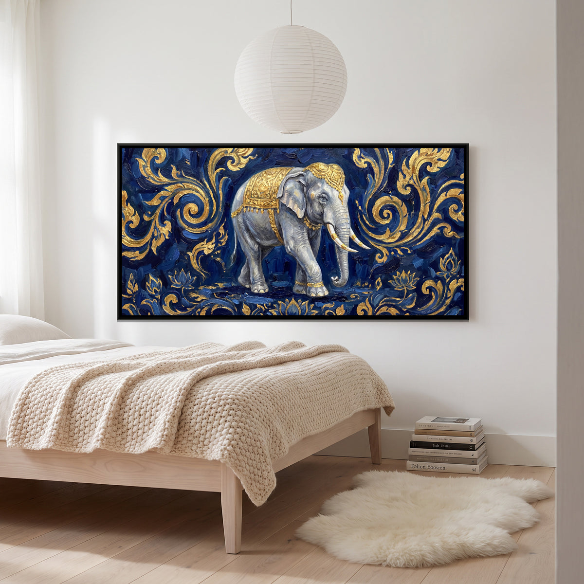 Gold Elephant — canvas art shown in a styled room