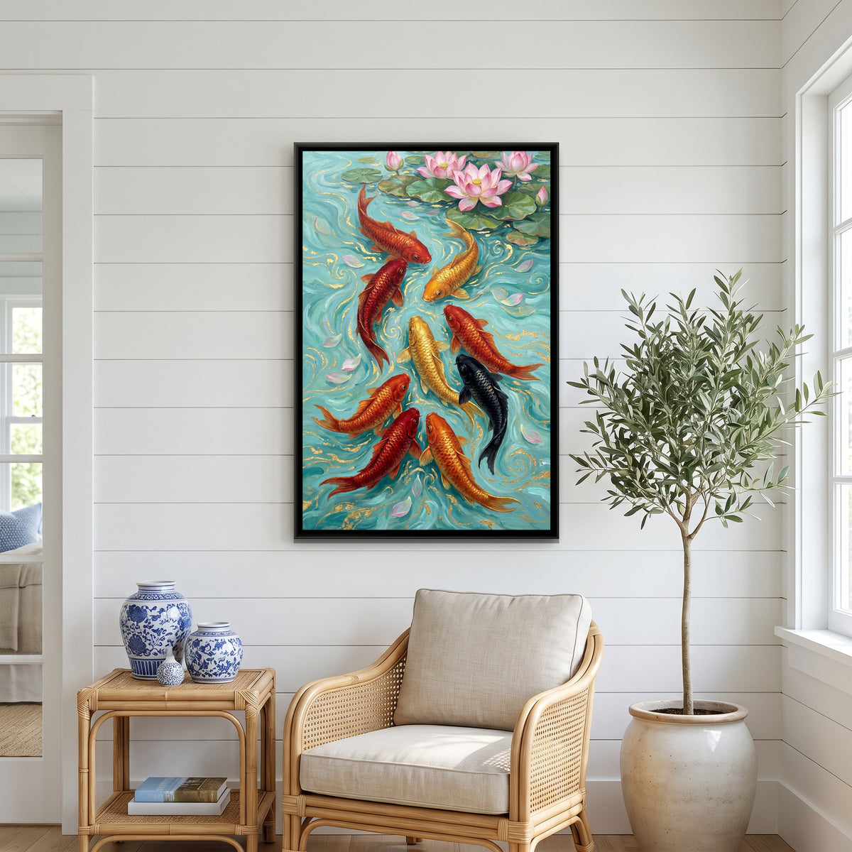 Vastu Koi Fish — canvas art shown in a second room setting