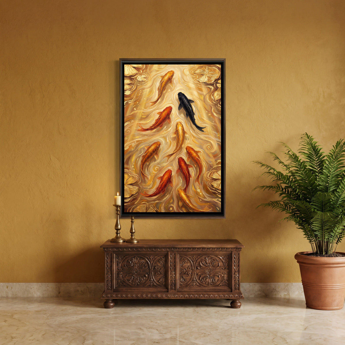 Vastu Koi Fish — canvas art shown in a styled room