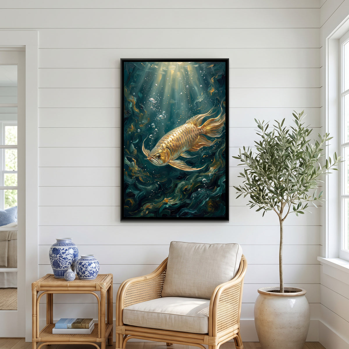 Golden Arowana Fish — canvas art shown in a second room setting