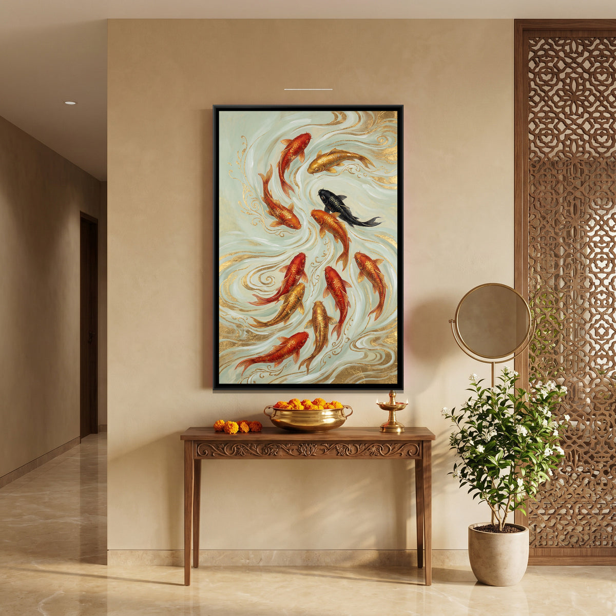 Vastu Koi Fish — canvas art shown in a second room setting