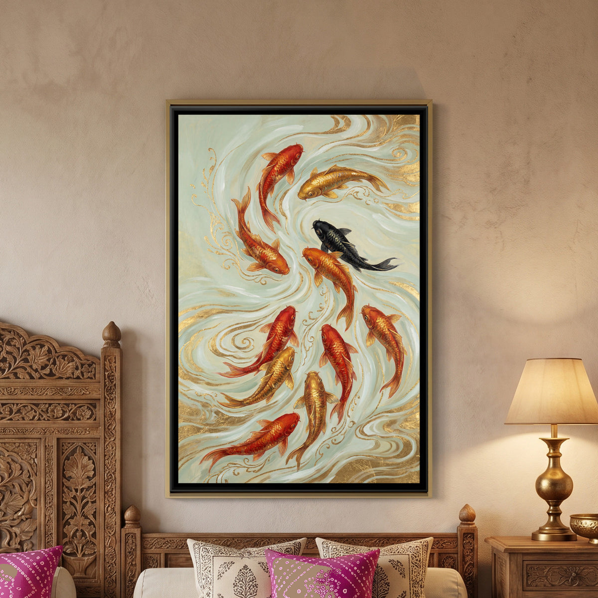 Vastu Koi Fish — framed canvas art hung on a wall