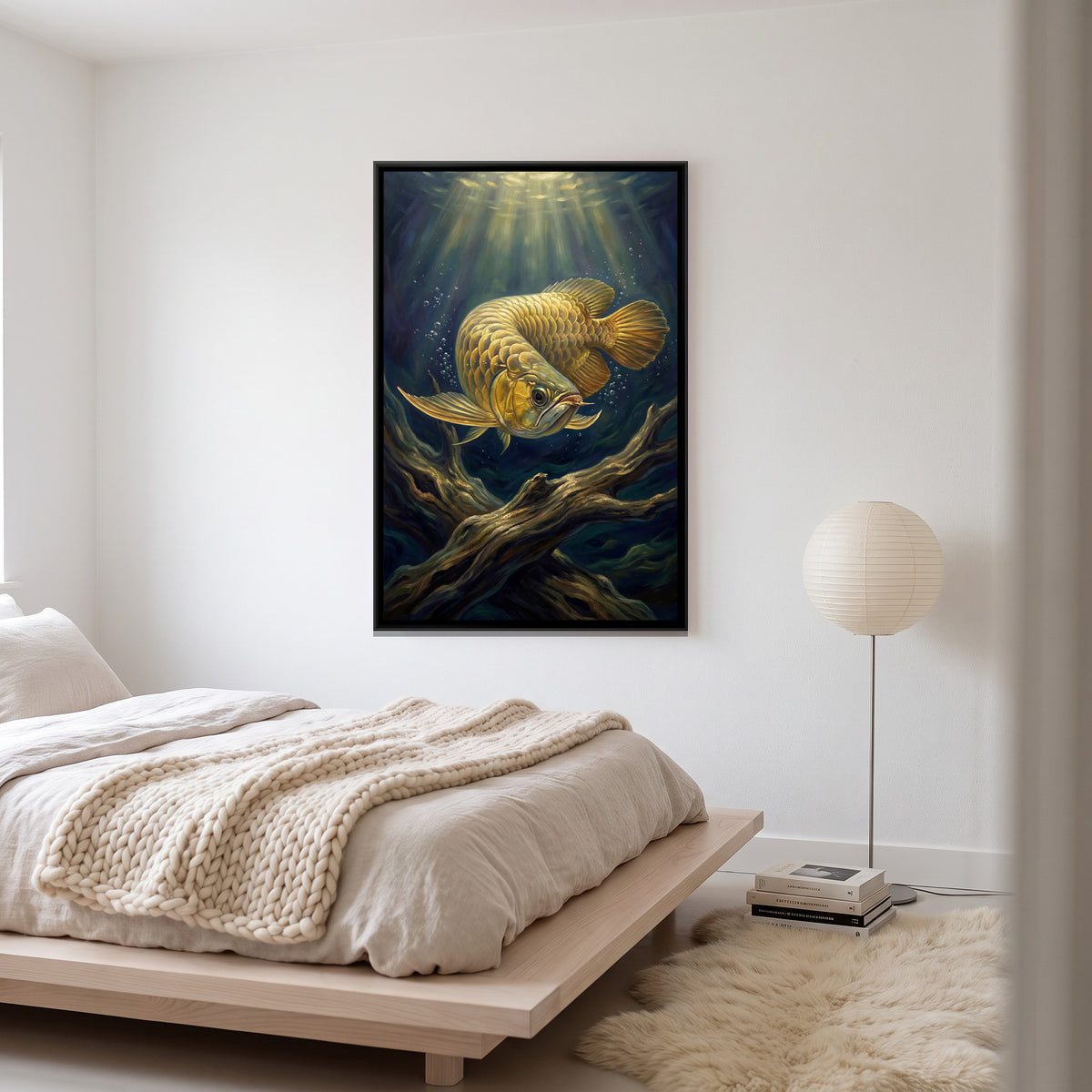 Golden Arowana Fish — canvas art shown in a styled room