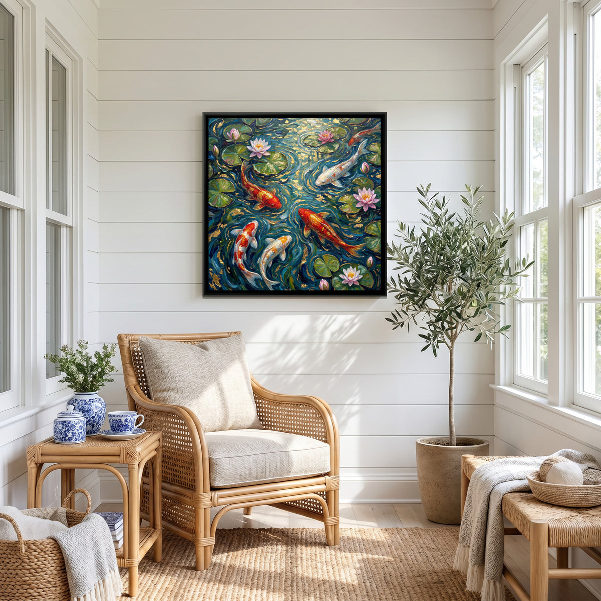 Koi Pond — canvas art shown in a styled room