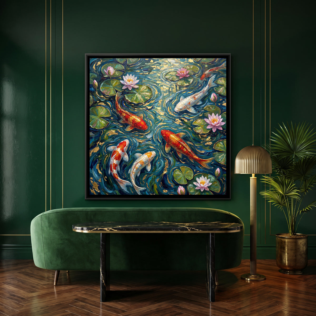 Koi Pond — canvas art shown in a second room setting