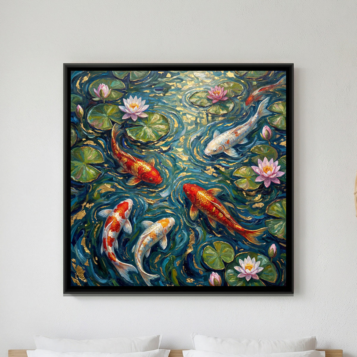 Koi Pond — framed canvas art hung on a wall