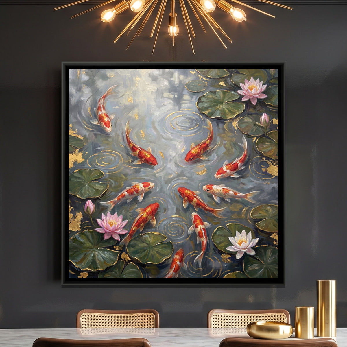 Koi Pond — framed canvas art hung on a wall