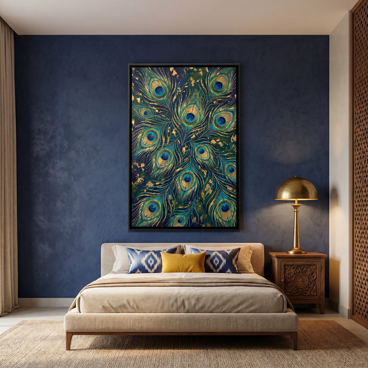Peacock Feathers — canvas art shown in a styled room