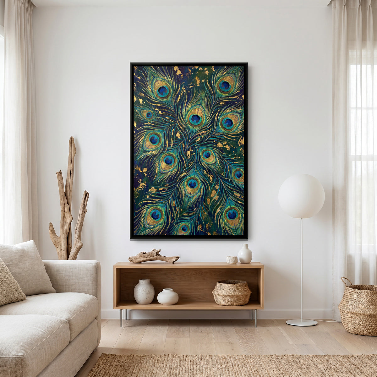 Peacock Feathers — canvas art shown in a second room setting