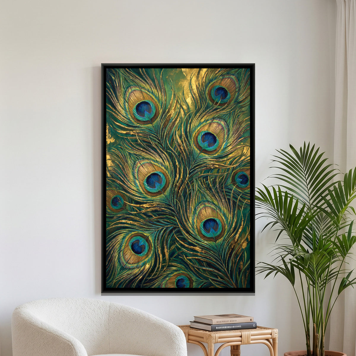 Peacock Feathers — framed canvas art hung on a wall