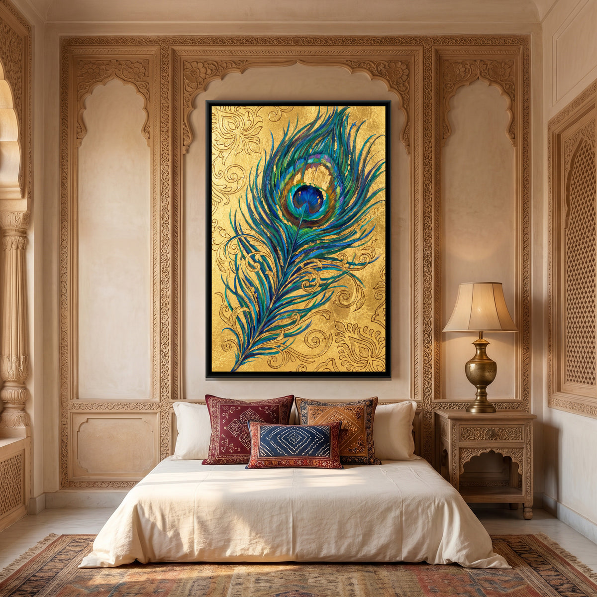 Peacock Feathers — canvas art shown in a styled room
