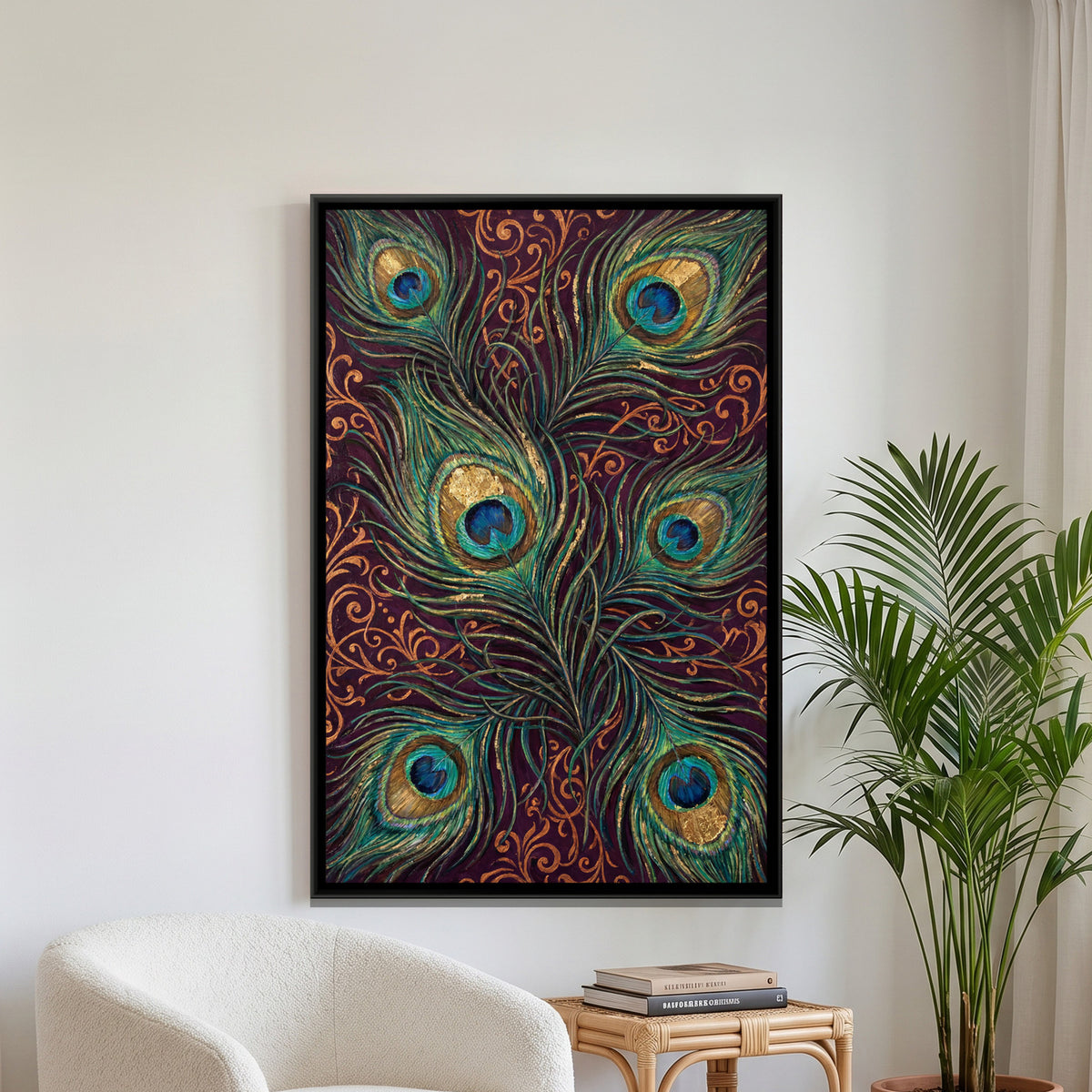 Peacock Feathers — framed canvas art hung on a wall