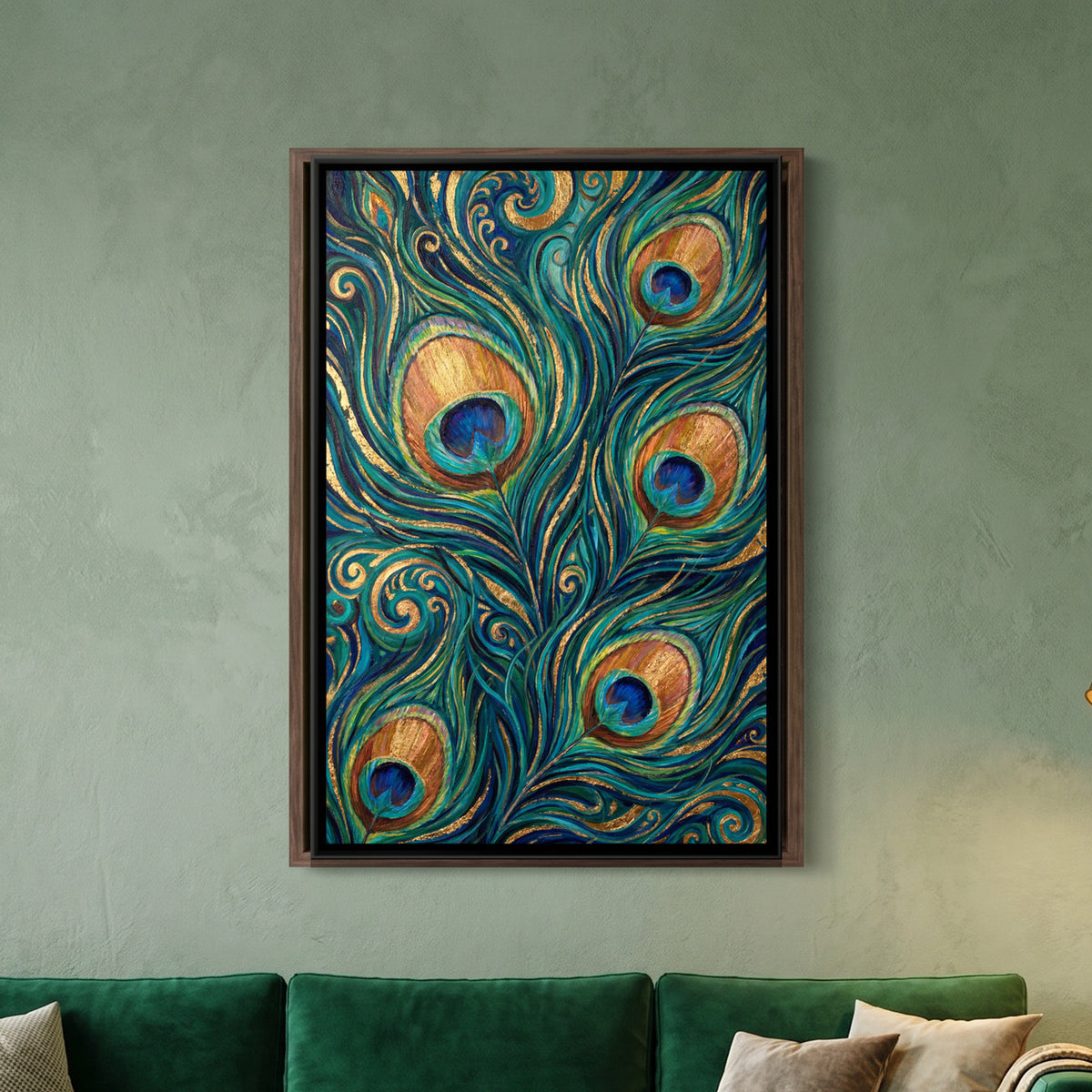 Peacock Feathers — framed canvas art hung on a wall