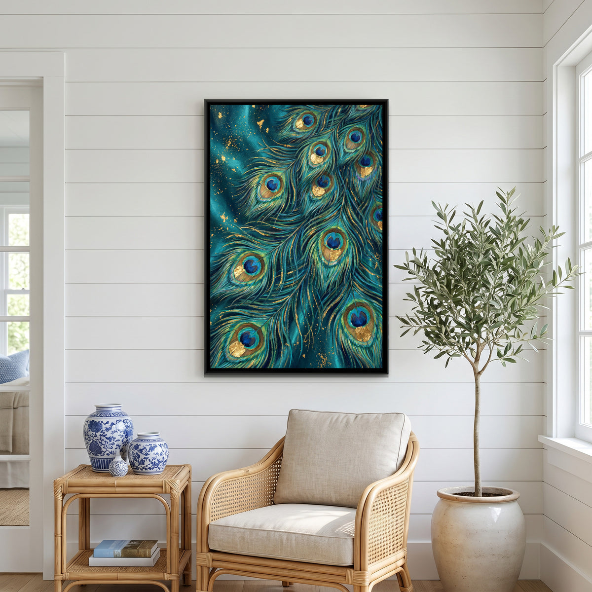 Peacock Feathers — canvas art shown in a second room setting