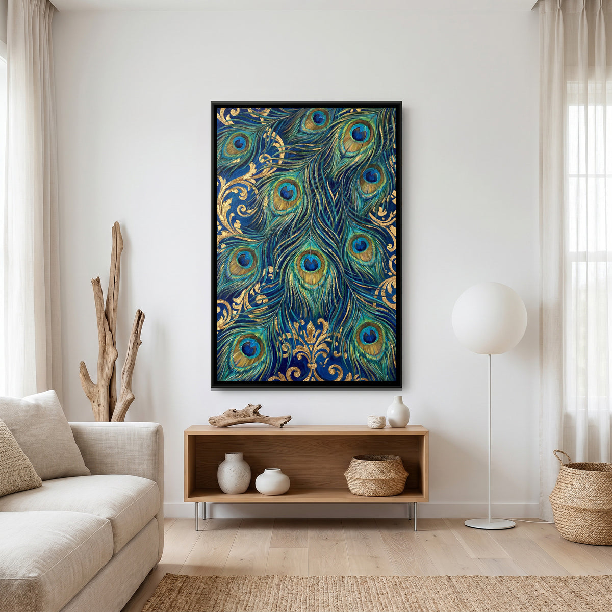 Peacock Feathers — canvas art shown in a second room setting
